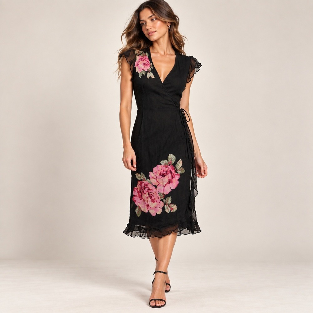 Robbie Bee Wrap Dress Womens 8 Black Vintage 90s Silk Floral Rose Feminine